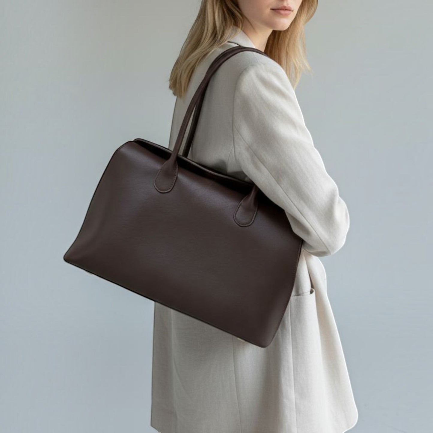 model wears leather valentina bag on her shoulder