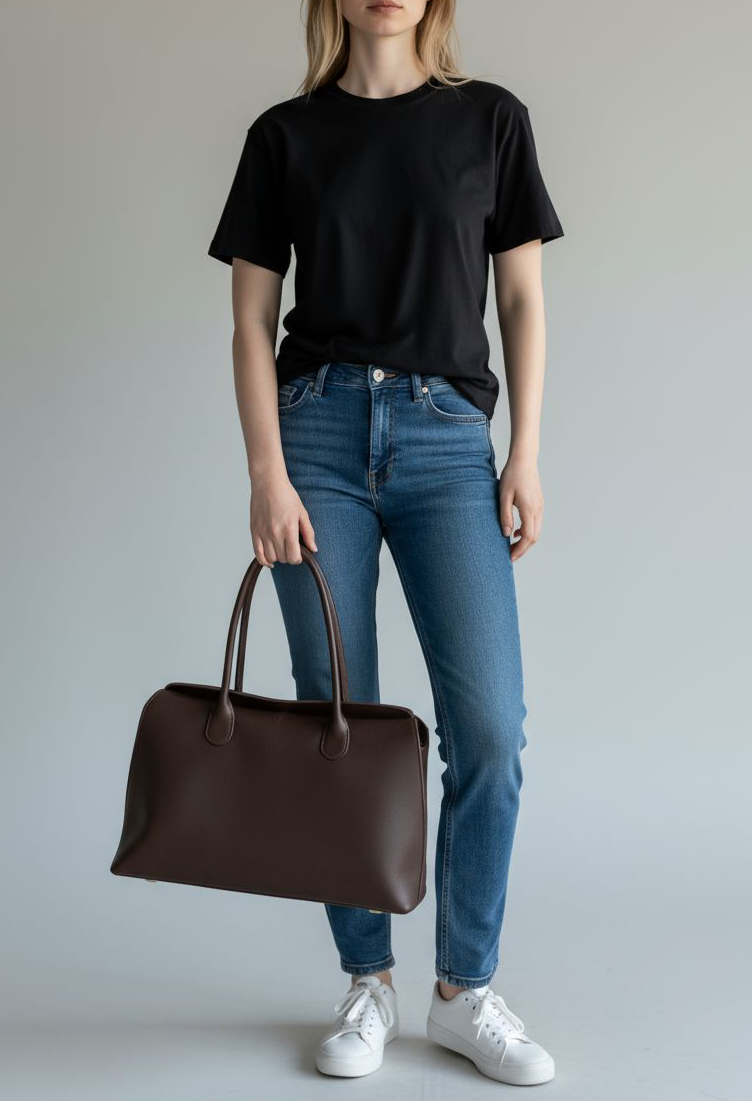 Person wearing a black t-shirt, blue jeans, and white sneakers holding a brown valentina leather bag against a plain background.
