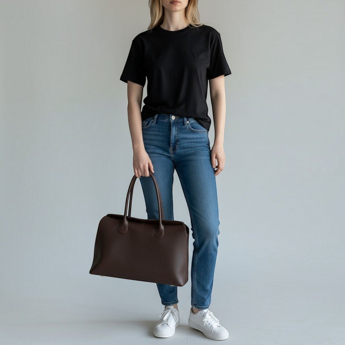 Person wearing a black t-shirt, blue jeans, and white sneakers holding a brown valentina leather bag against a plain background.