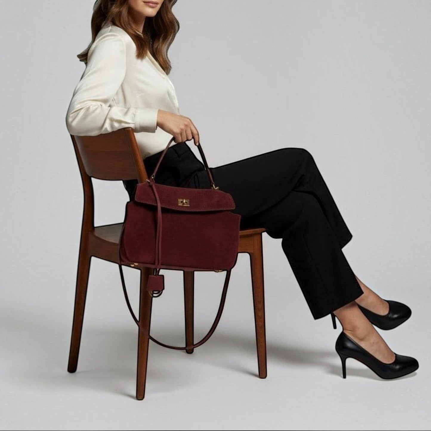 Woman sitting on a chair holding a maroon handbag against a plain background