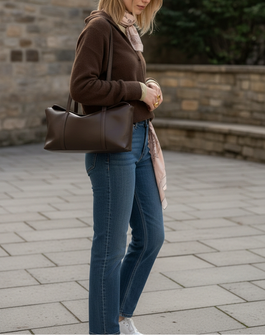 Woman carrying a brown leather handbag in an outdoor setting with a stone wall and greenery.